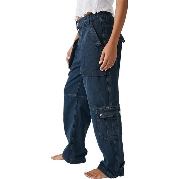 Free People We The Free Black Wash Marx Cargo Baggy Laid Back Pants Jeans - Picture 3 of 13